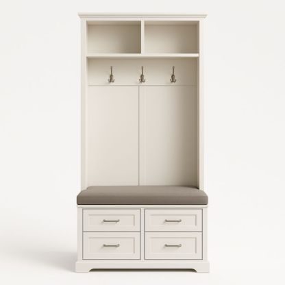 Attaccapanni in legno con ganci e cuscino in tessuto, 2 scomparti e 4 cassetti