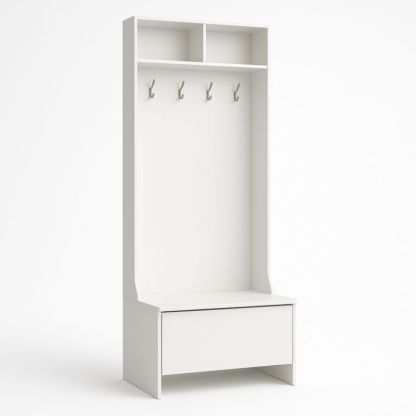 Guardaroba da ingresso in MDF bianco con ganci e ripiani