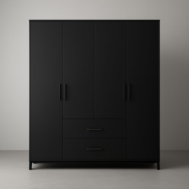 Armadio nero in MDF a quattro ante e due cassetti, dimensioni 180x200x60 cm