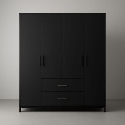 Armadio nero in MDF a quattro ante e due cassetti, dimensioni 180x200x60 cm