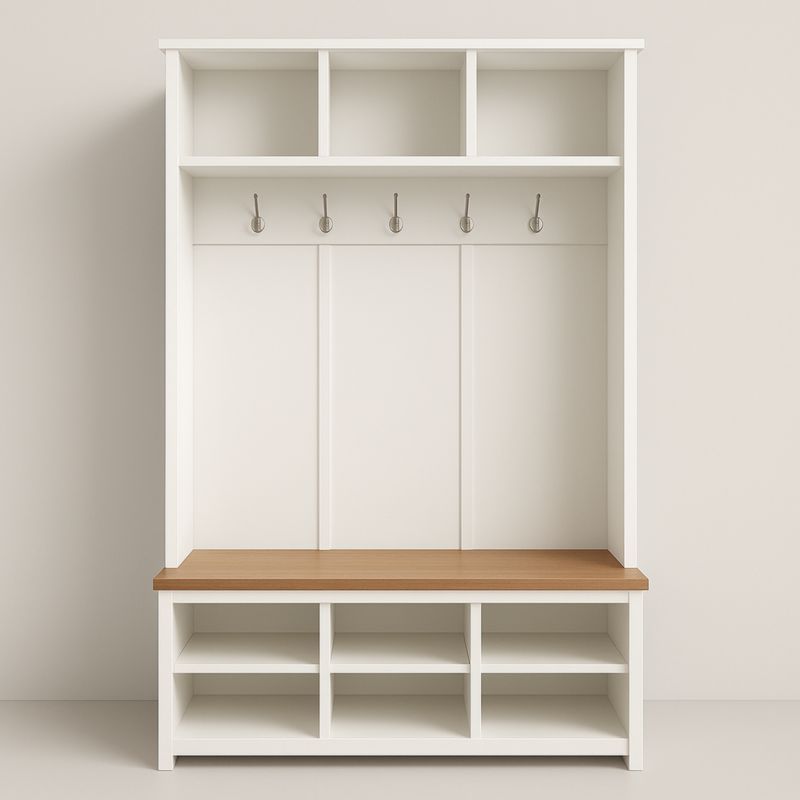 Porta Abiti da Ingresso Bianco in MDF con Ripiani e Appendiabiti in Metallo