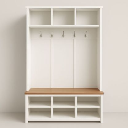 Porta Abiti da Ingresso Bianco in MDF con Ripiani e Appendiabiti in Metallo