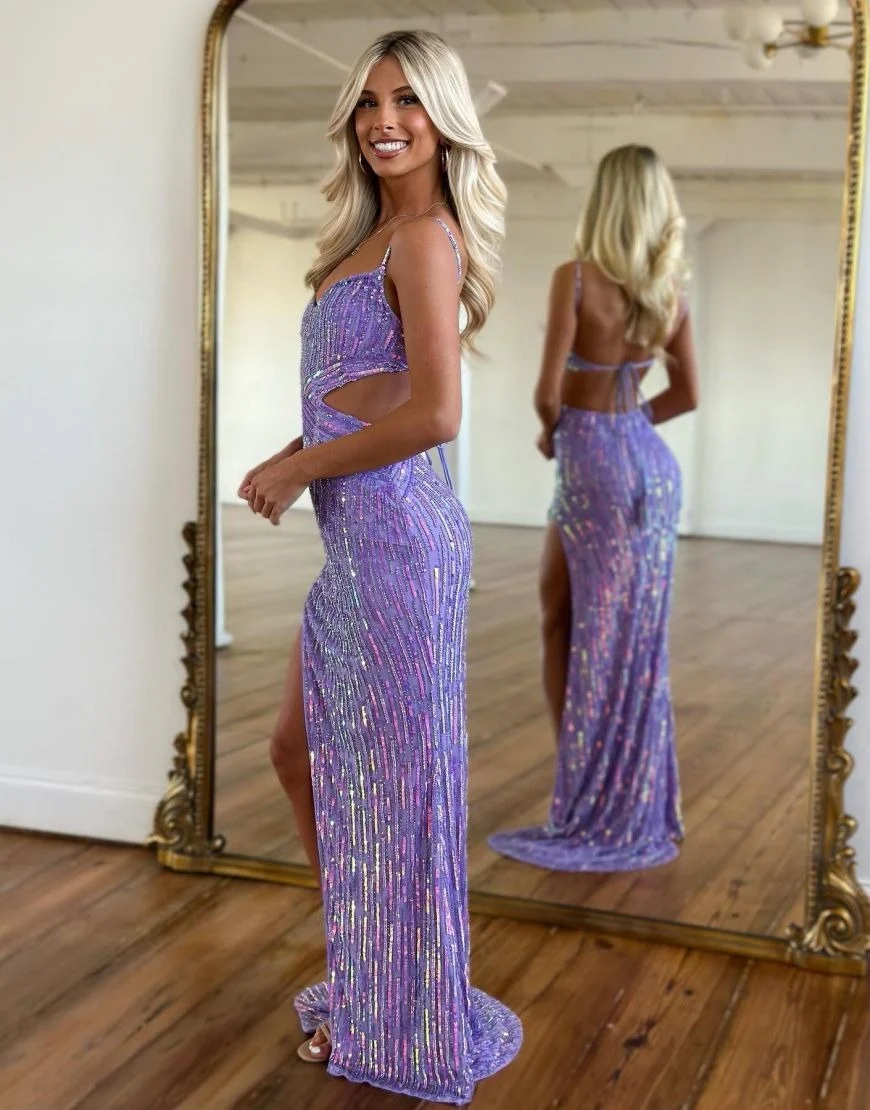 Sparkly Sequin Backless Prom Dresses with Slit