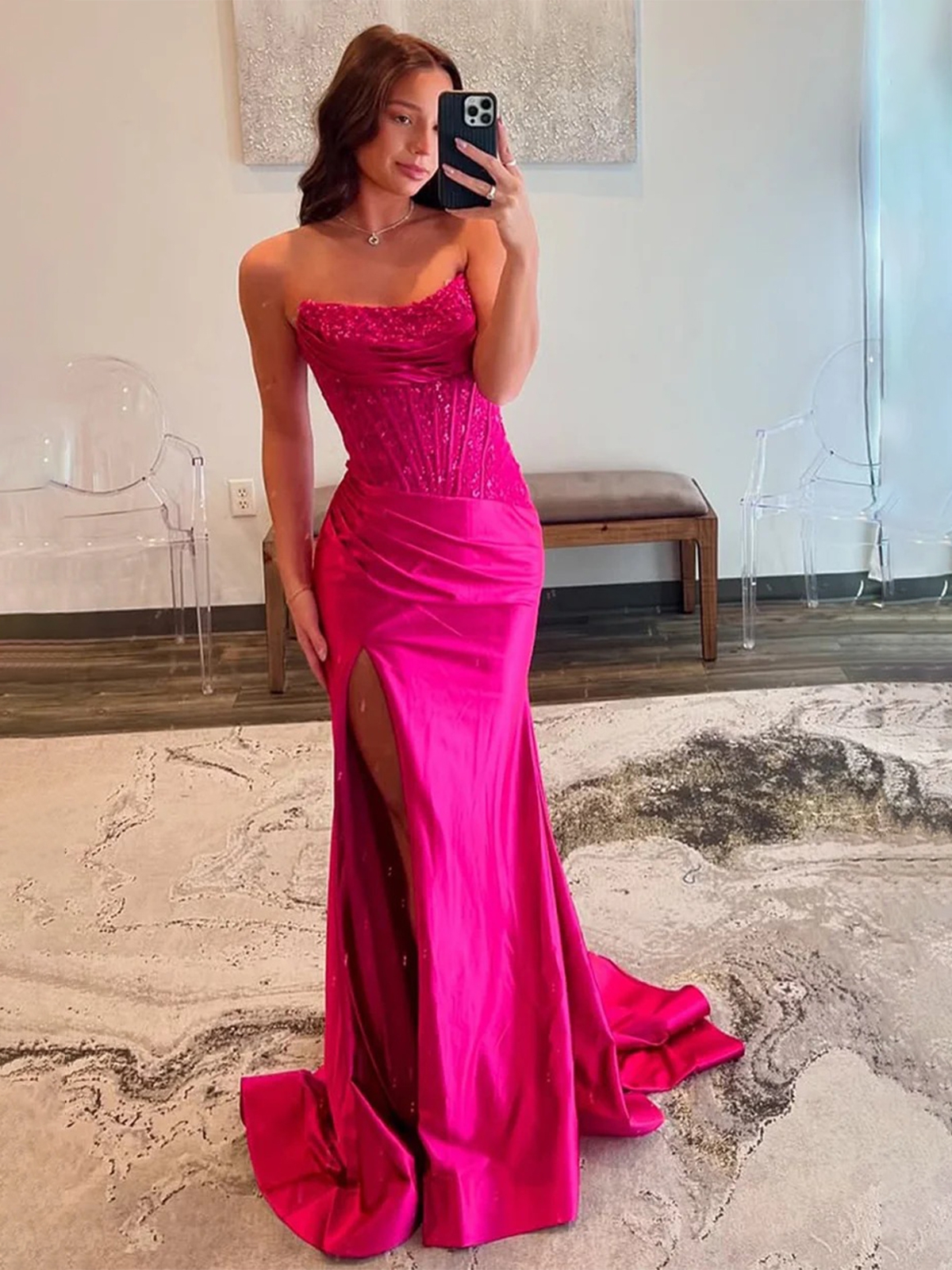 Satin Mermaid Sequin Strapless Prom Dresses with Slit