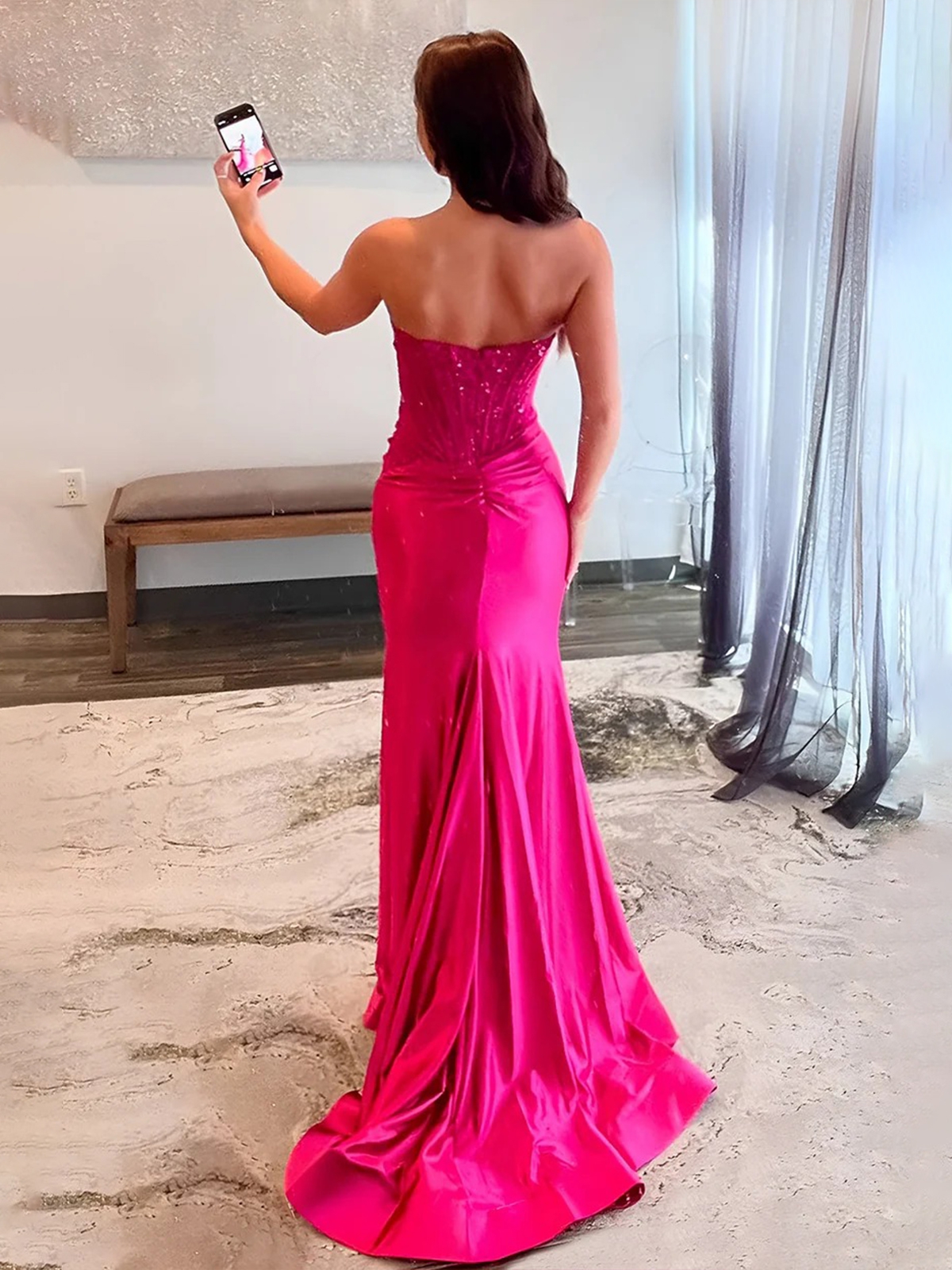 Satin Mermaid Sequin Strapless Prom Dresses with Slit