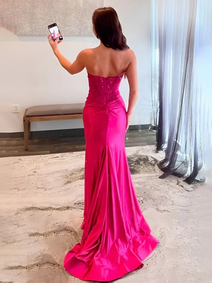 Satin Mermaid Sequin Strapless Prom Dresses with Slit