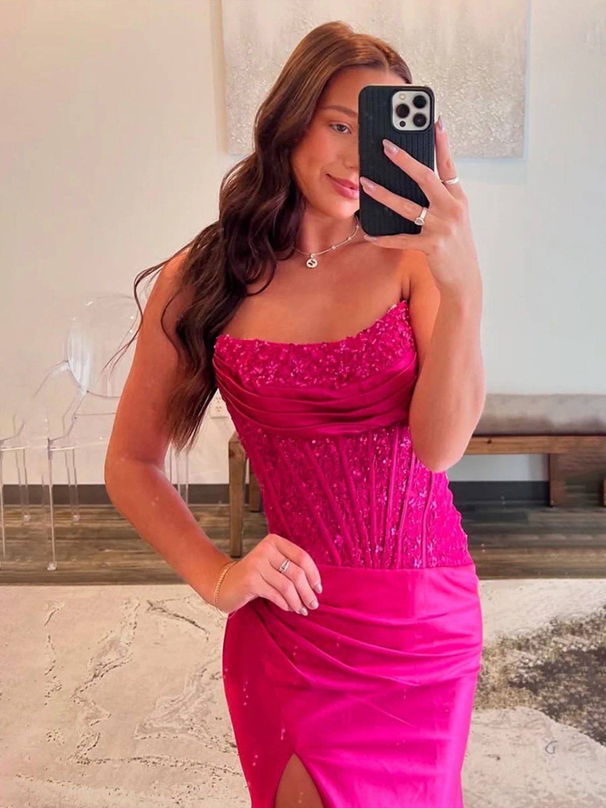 Satin Mermaid Sequin Strapless Prom Dresses with Slit