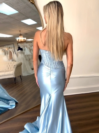 Satin Mermaid Sequin Strapless Prom Dresses with Slit