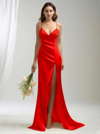 Simple Satin V Neck Spaghetti Straps Prom Dresses with Slit