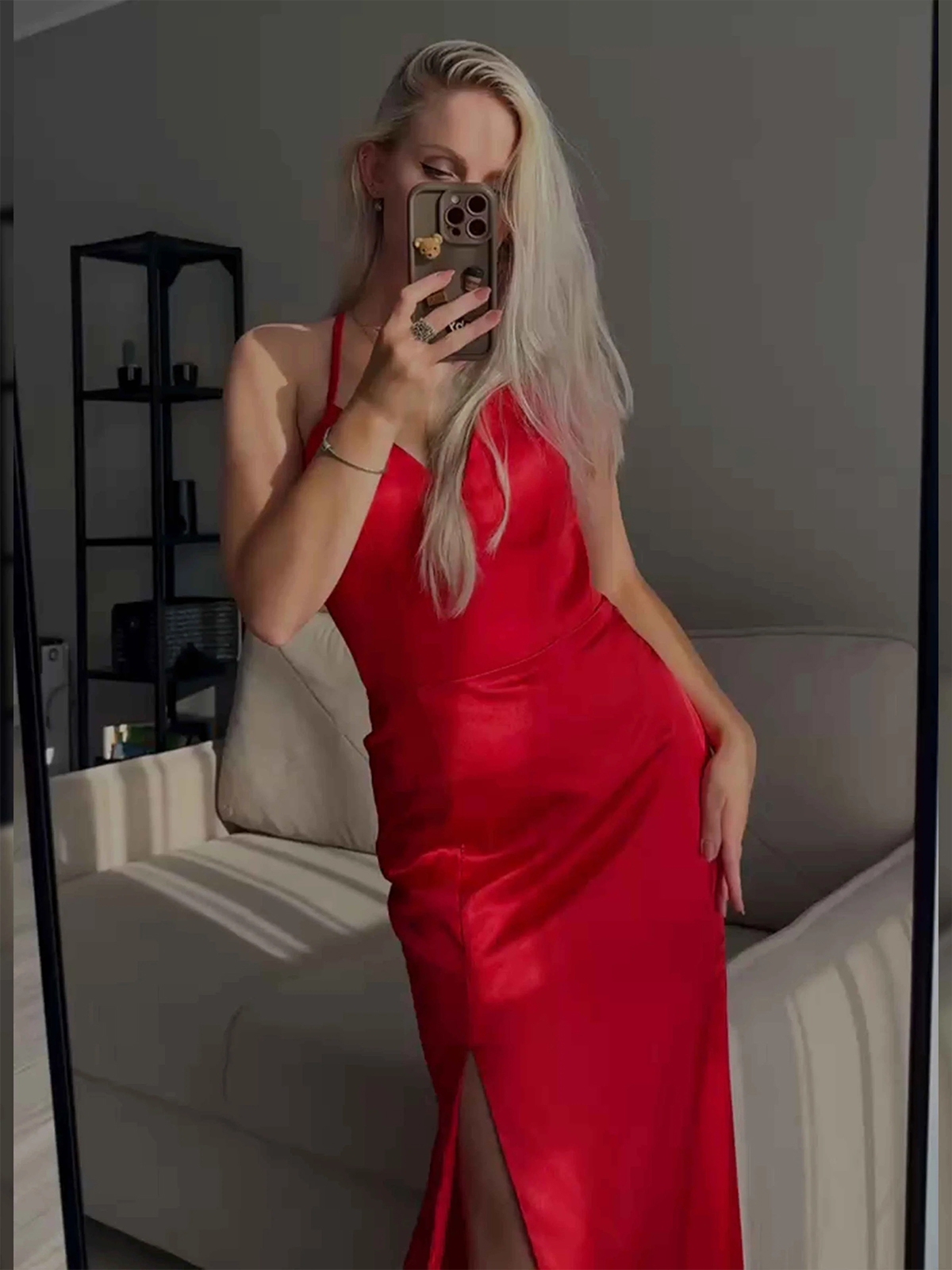 Simple Satin V Neck Spaghetti Straps Prom Dresses with Slit