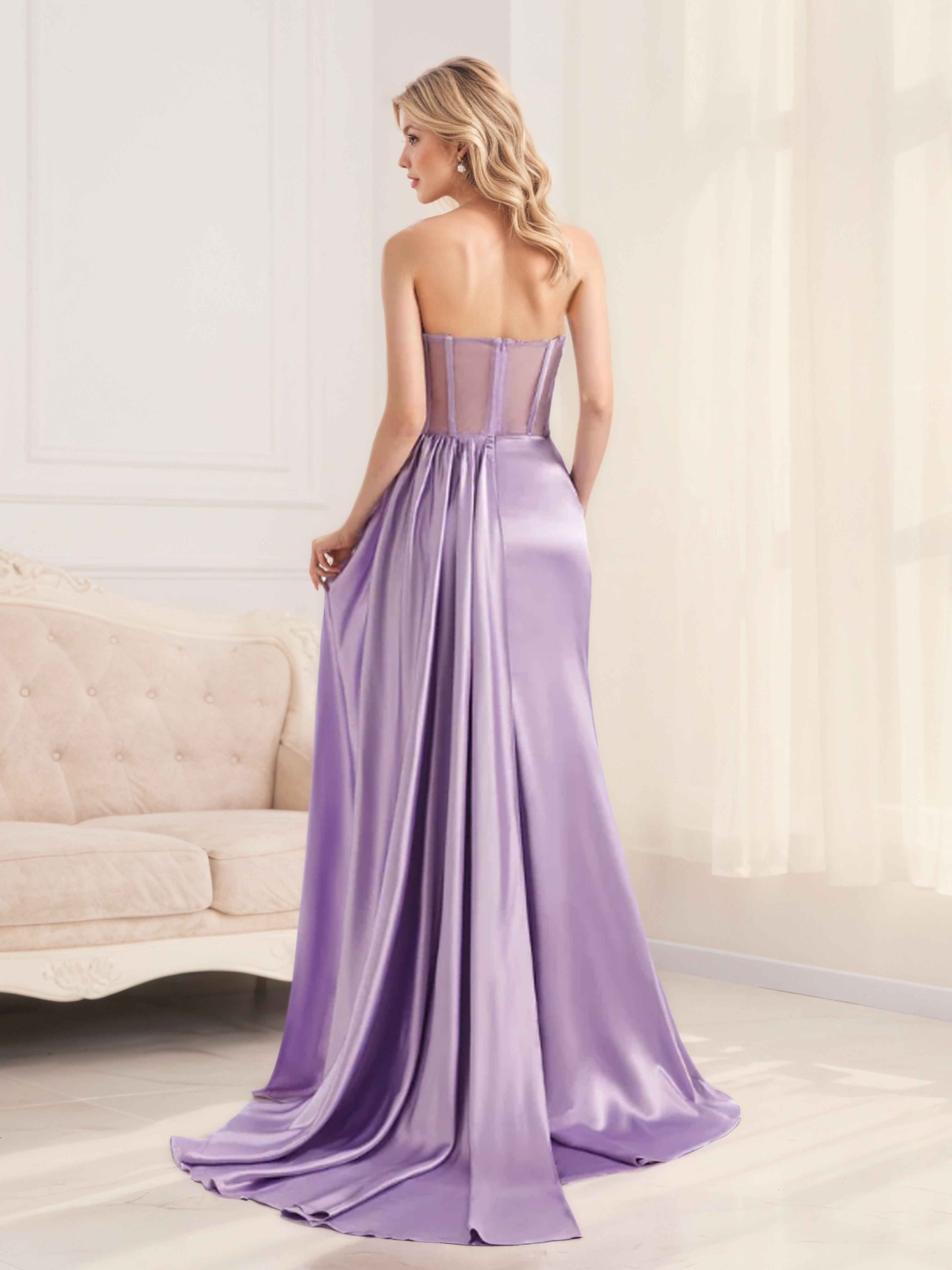 Satin V Neck Pleated Prom Dresses with Slit