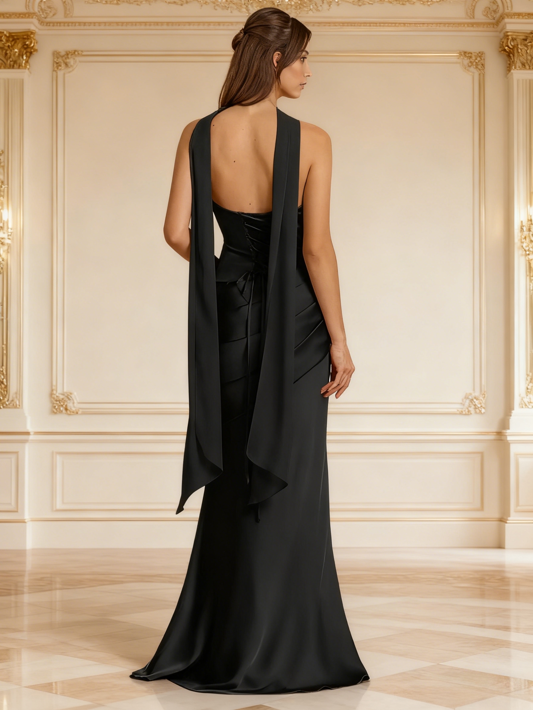 Satin Strapless Evening Dresses with Scarf