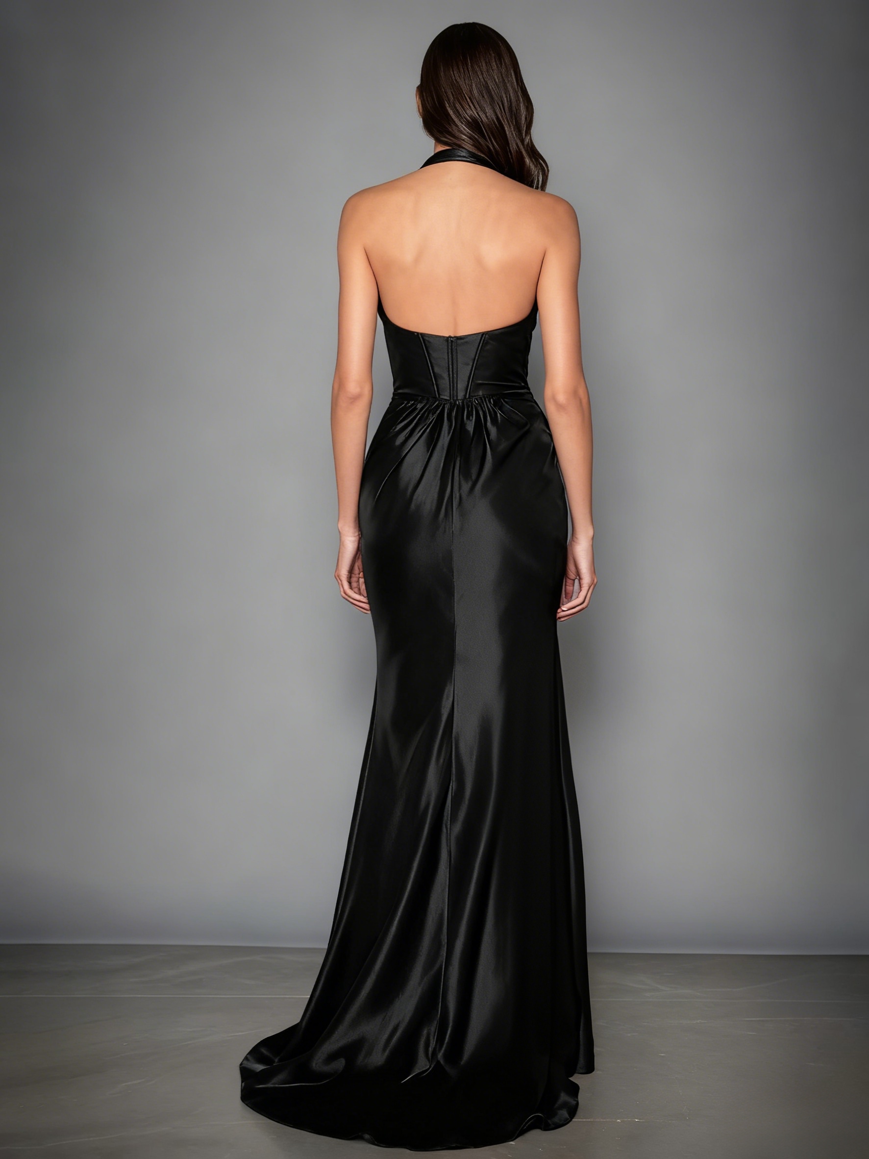 Satin Deep V Neck Evening Prom Dresses with Slit