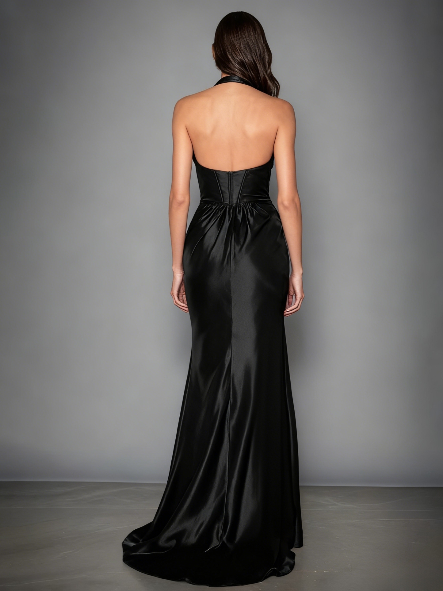 Satin Deep V Neck Evening Prom Dresses with Slit