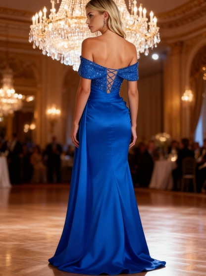 Off the Shoulder High Slit Sequin Prom Dresses