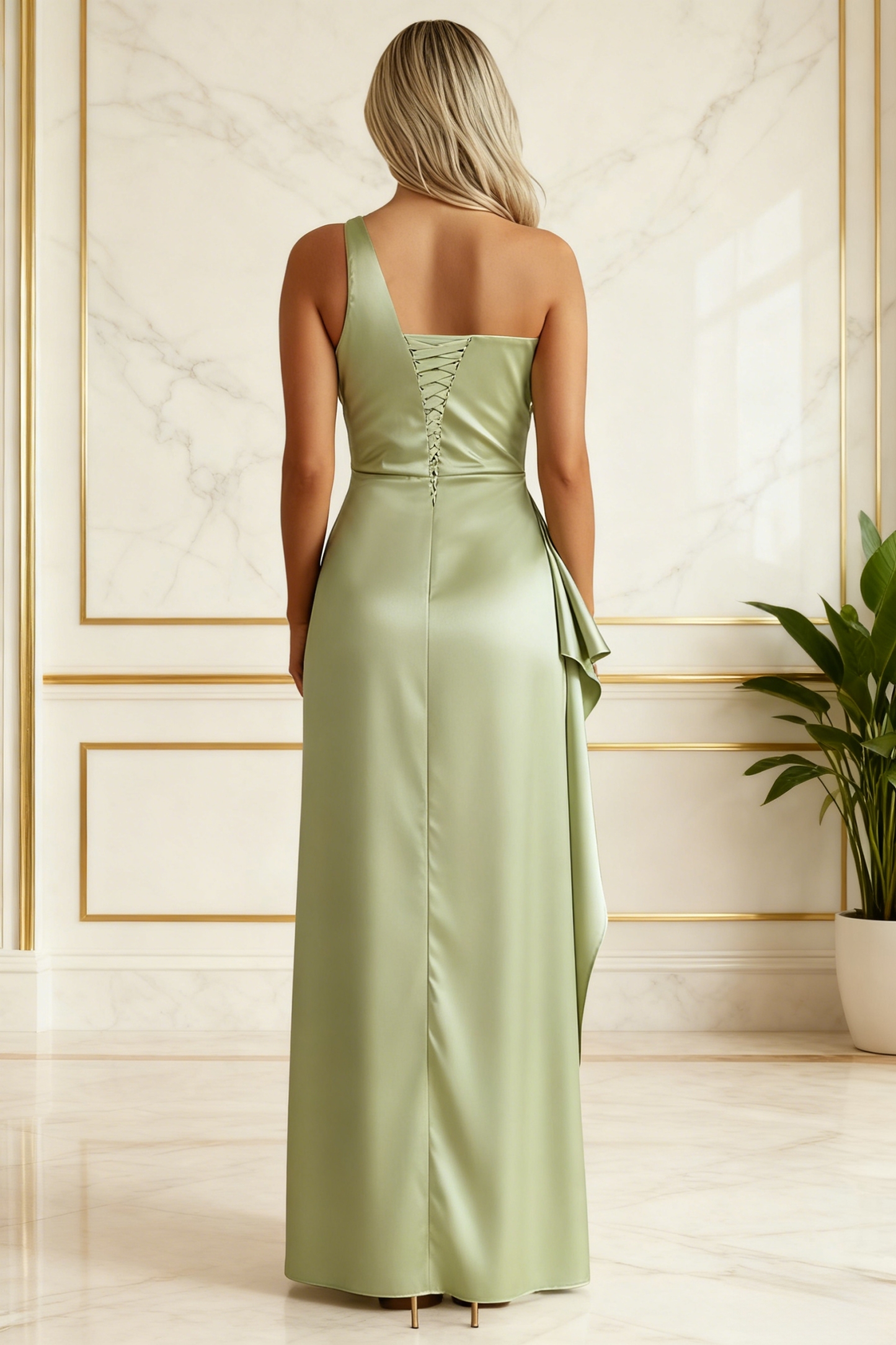 Satin One Shoulder Prom Dresses with Pleated