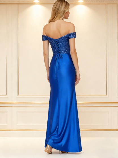 Sequin Off the Shoulder Prom Dresses with Slit