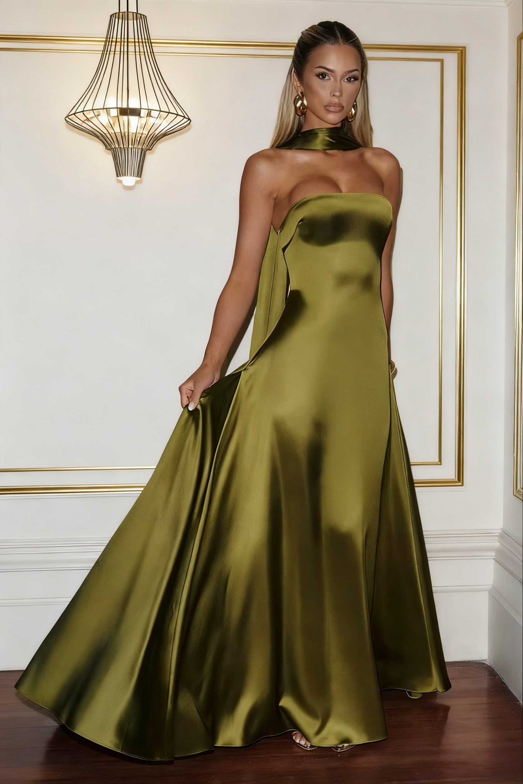 Satin Strapless Evening Dresses with Scarf