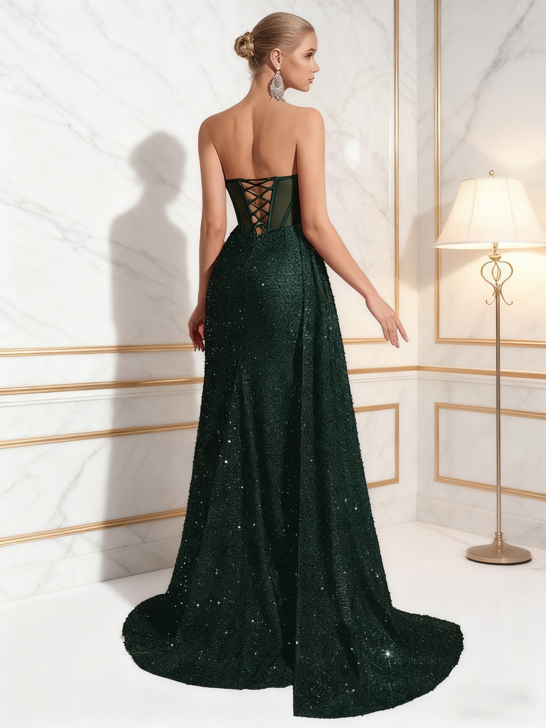 Sequin Strapless Prom Dresses with High Slit