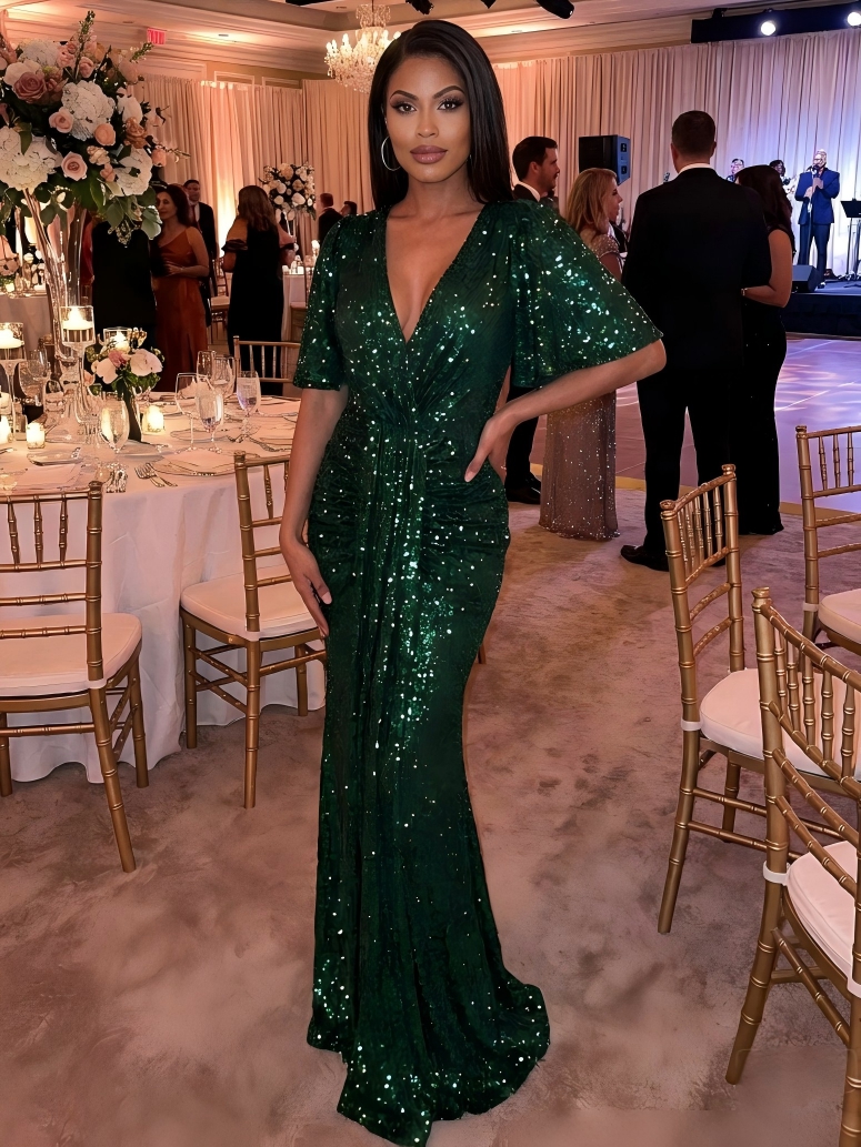 Short Sleeve Sequin V Neck Ruched Formal Maxi Gown