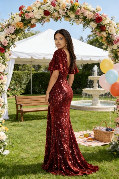 Short Sleeve Sequin V Neck Ruched Formal Maxi Gown