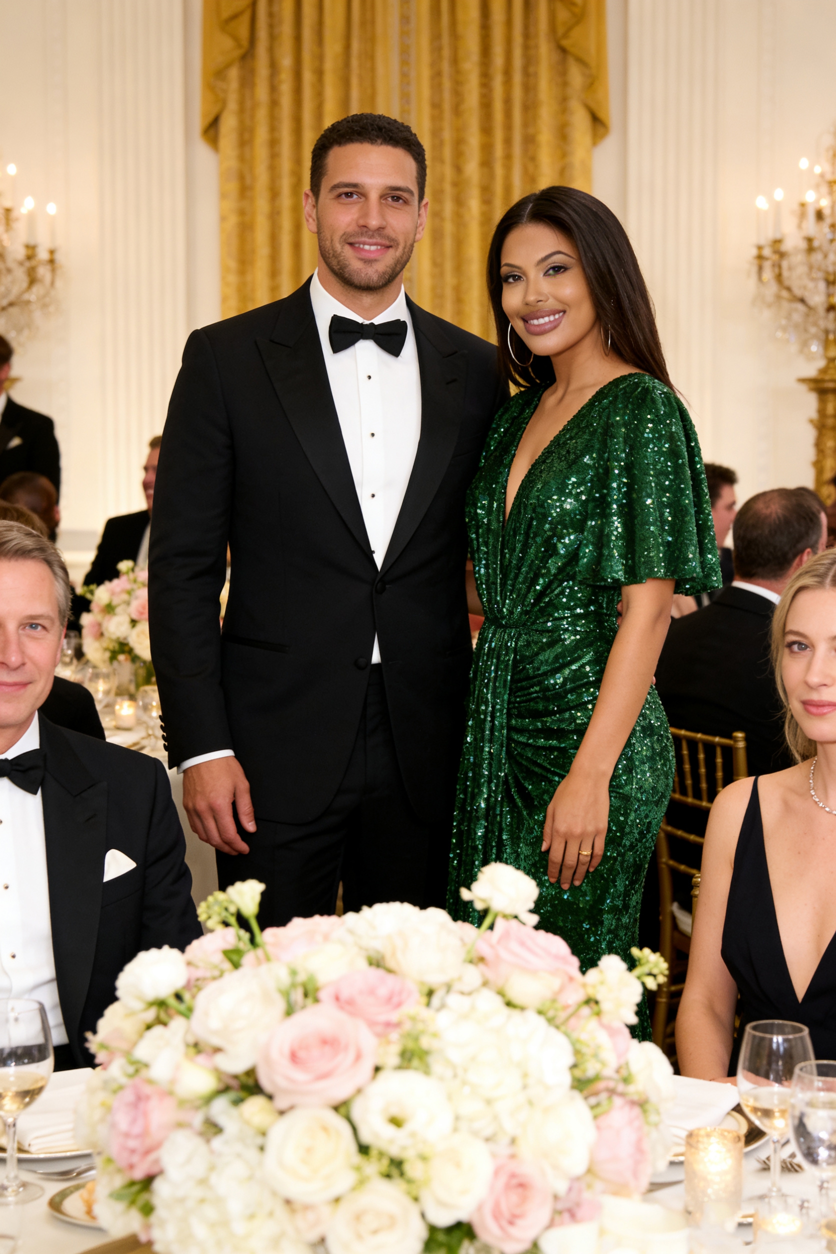 Short Sleeve Sequin V Neck Ruched Formal Maxi Gown