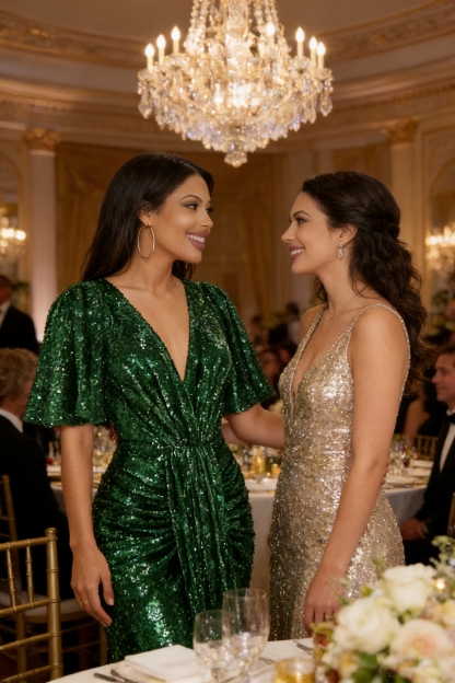 Short Sleeve Sequin V Neck Ruched Formal Maxi Gown