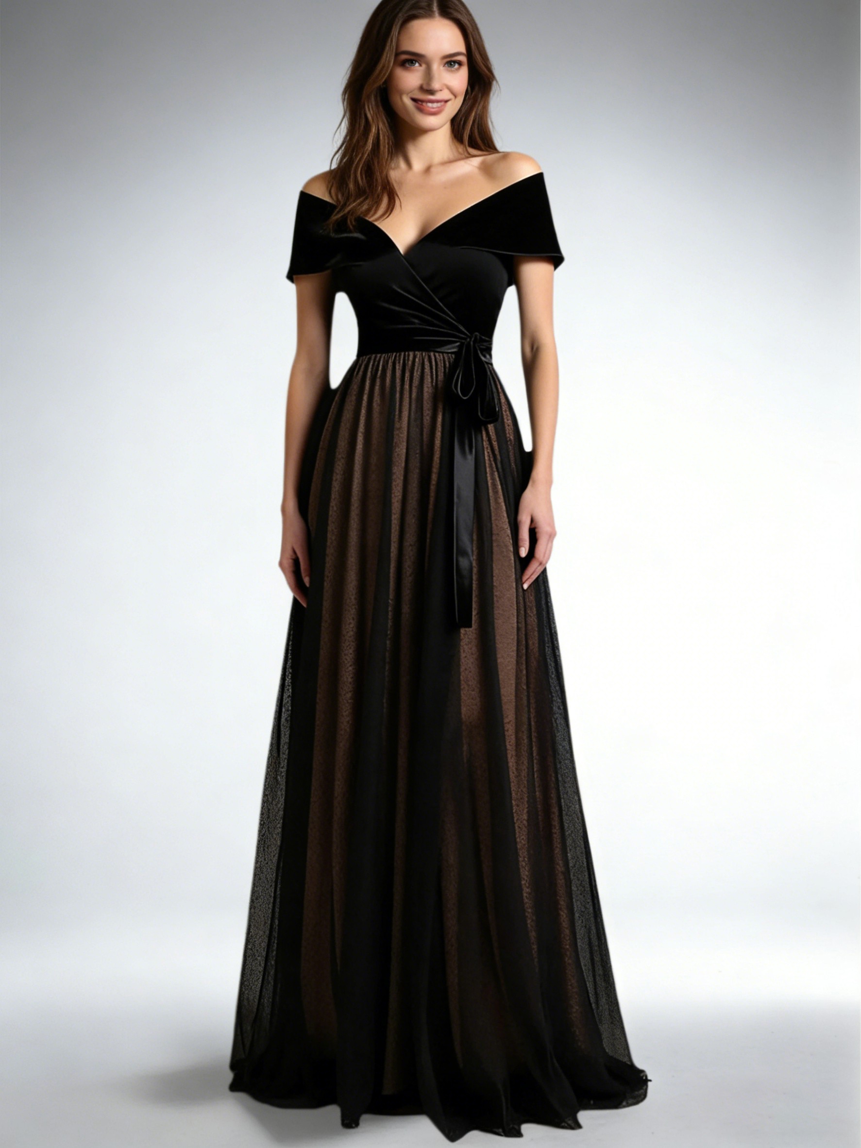Velvet Off the Shoulder Long Evening Dresses with Bow Tie