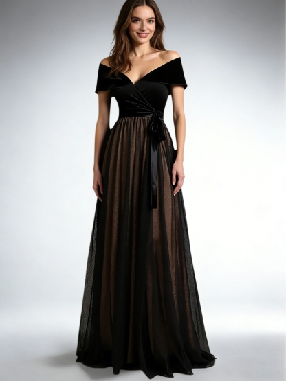 Velvet Off the Shoulder Long Evening Dresses with Bow Tie