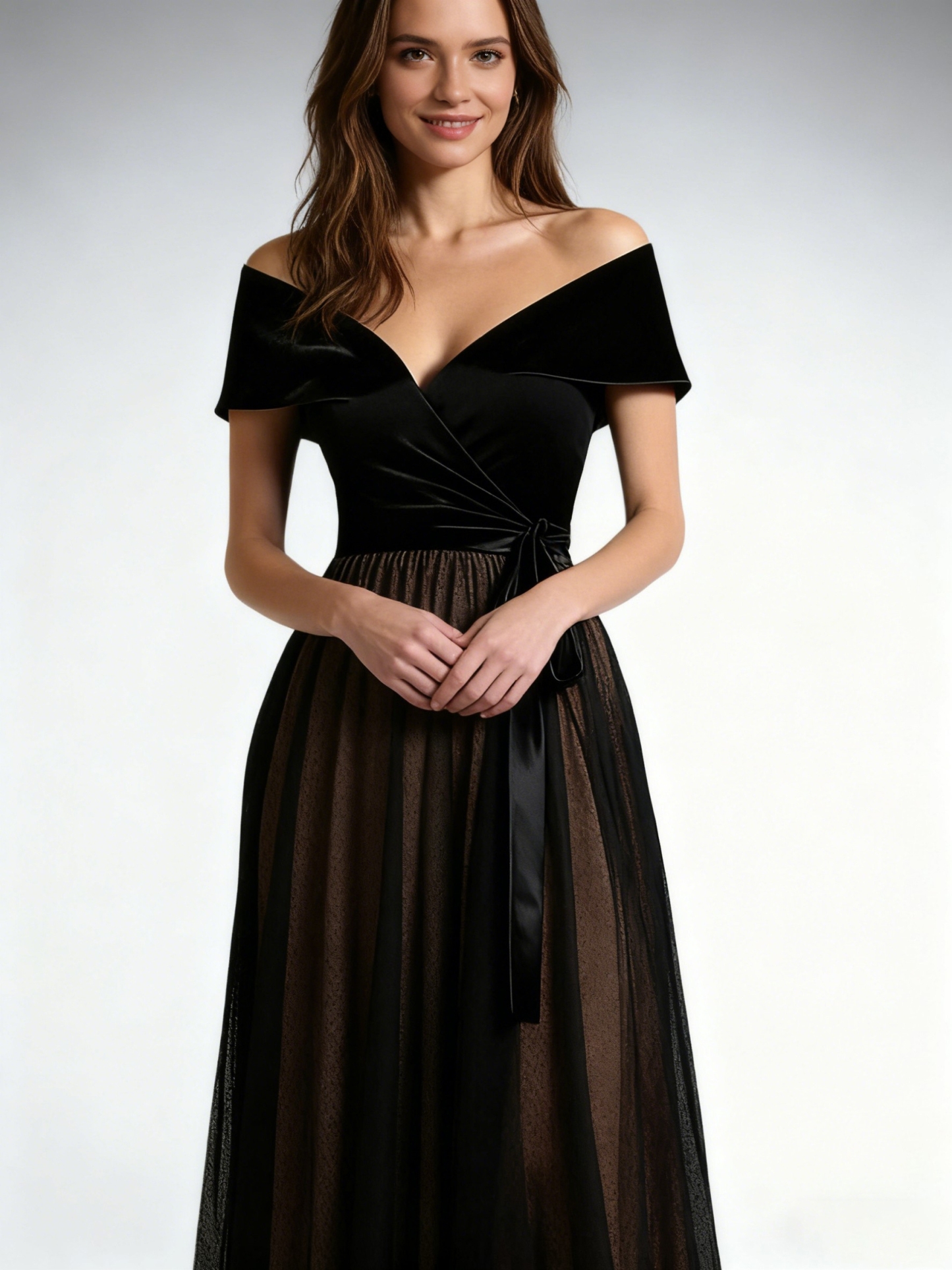 Velvet Off the Shoulder Long Evening Dresses with Bow Tie