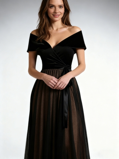 Velvet Off the Shoulder Long Evening Dresses with Bow Tie