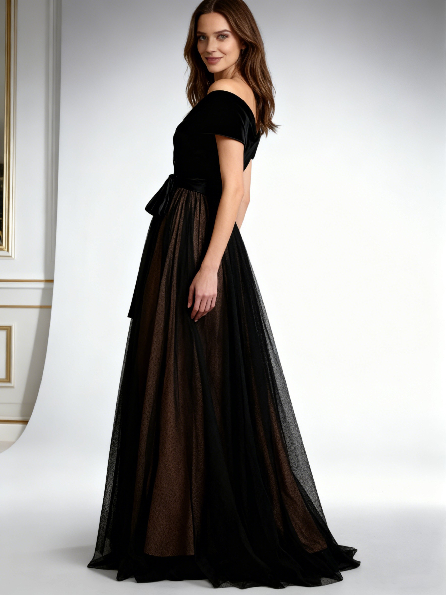 Velvet Off the Shoulder Long Evening Dresses with Bow Tie