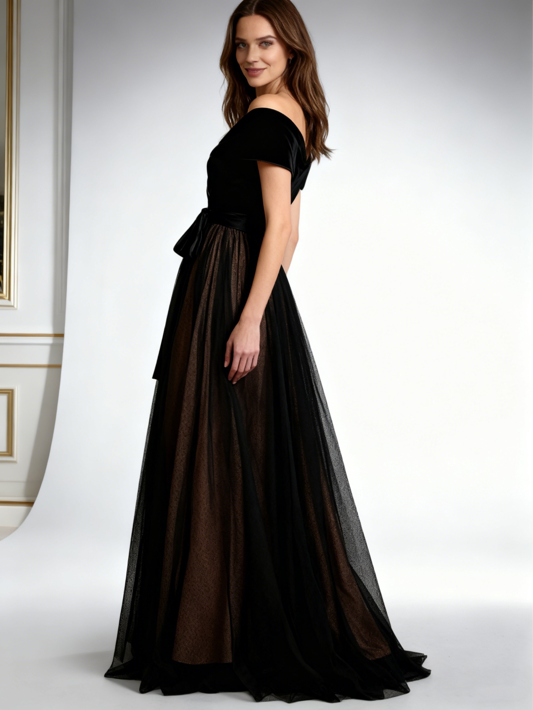 Velvet Off the Shoulder Long Evening Dresses with Bow Tie