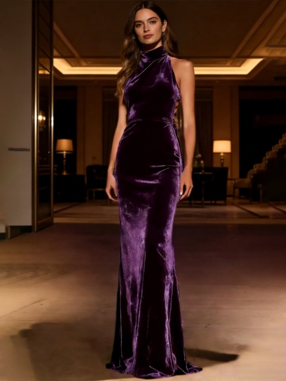 Velvet Halter Long Backless Evening Dresses for Formal Party