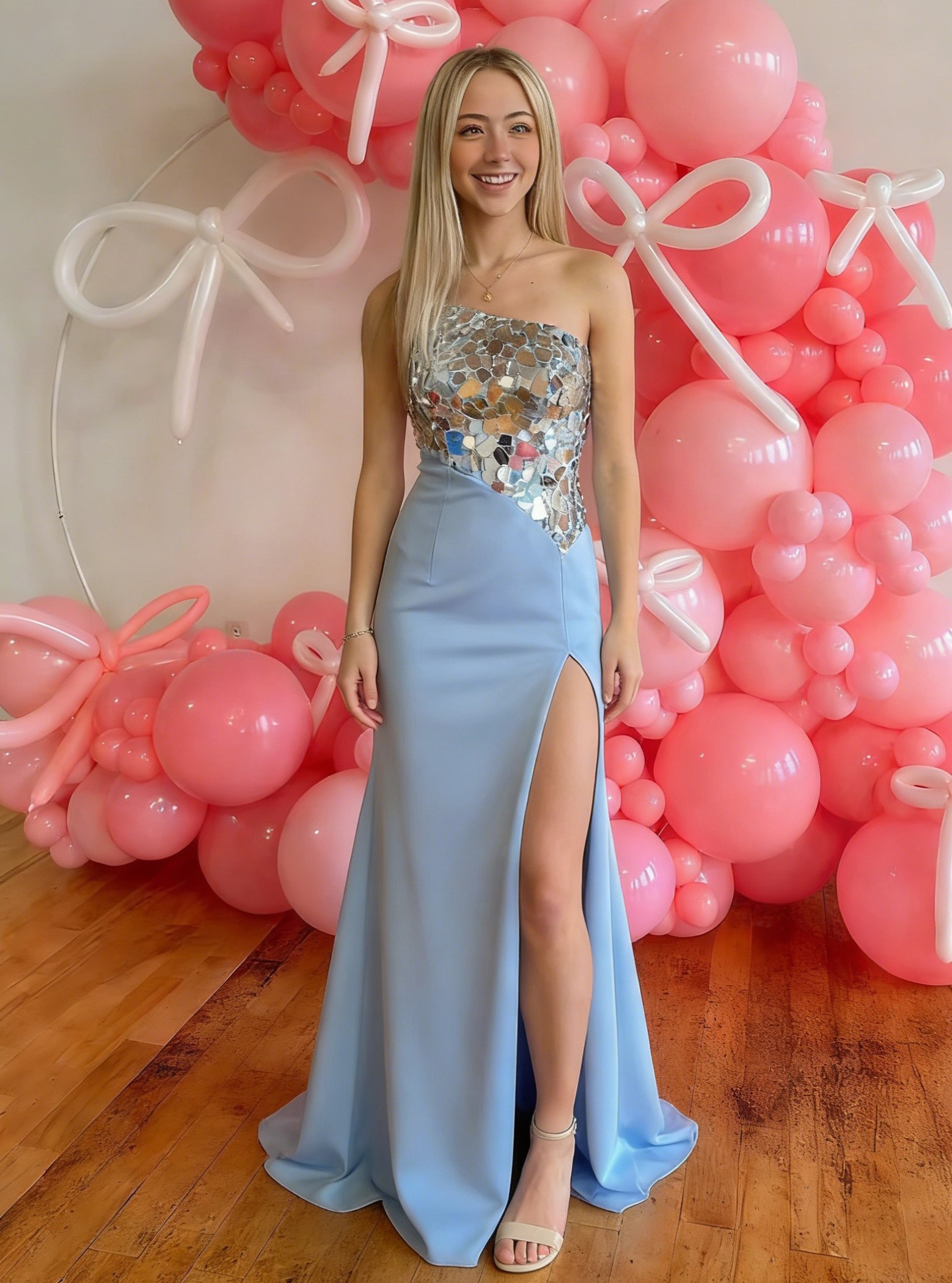 Shimmering One Shoulder Long Prom Dresses with Slit