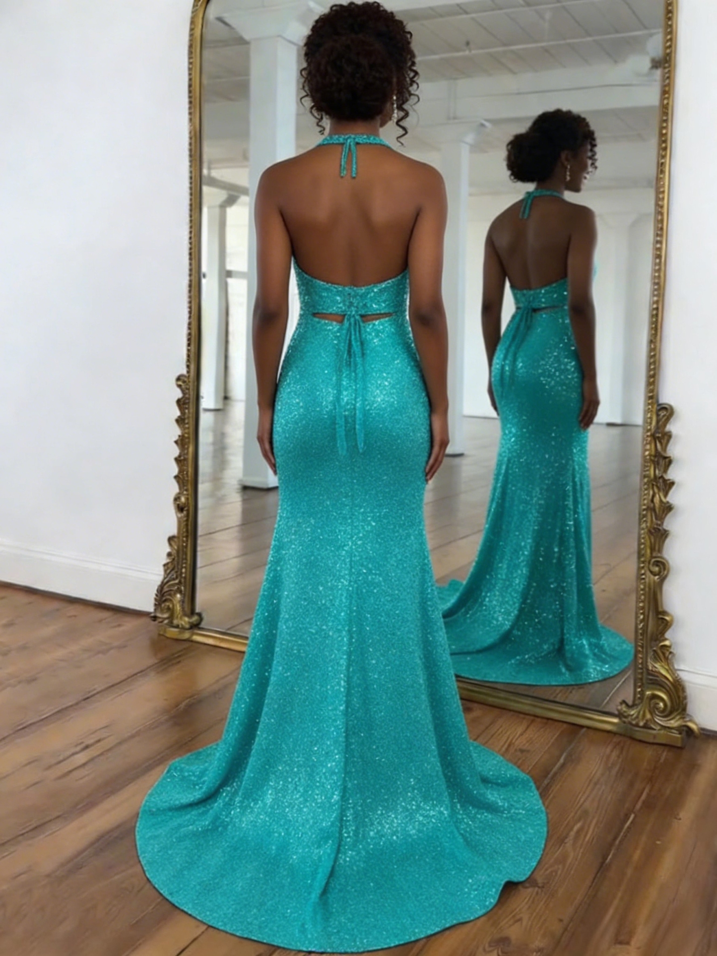 Sequins Halter Cut Out Long Prom Dresses with Slit