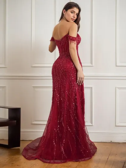 Lace Applicues Off Shoulder Mermaid Prom Dresses with Slit