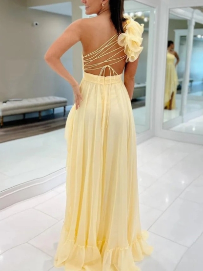 Chiffon Pleated One Shoulder Evening Dresses for Formal Party