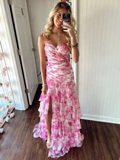 Floral Sweetheart Tiered Pleated Evening Dresses with Slit for Formal Party