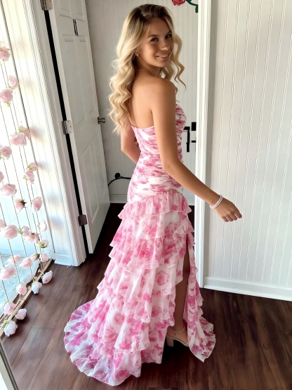 Floral Sweetheart Tiered Pleated Evening Dresses with Slit for Formal Party