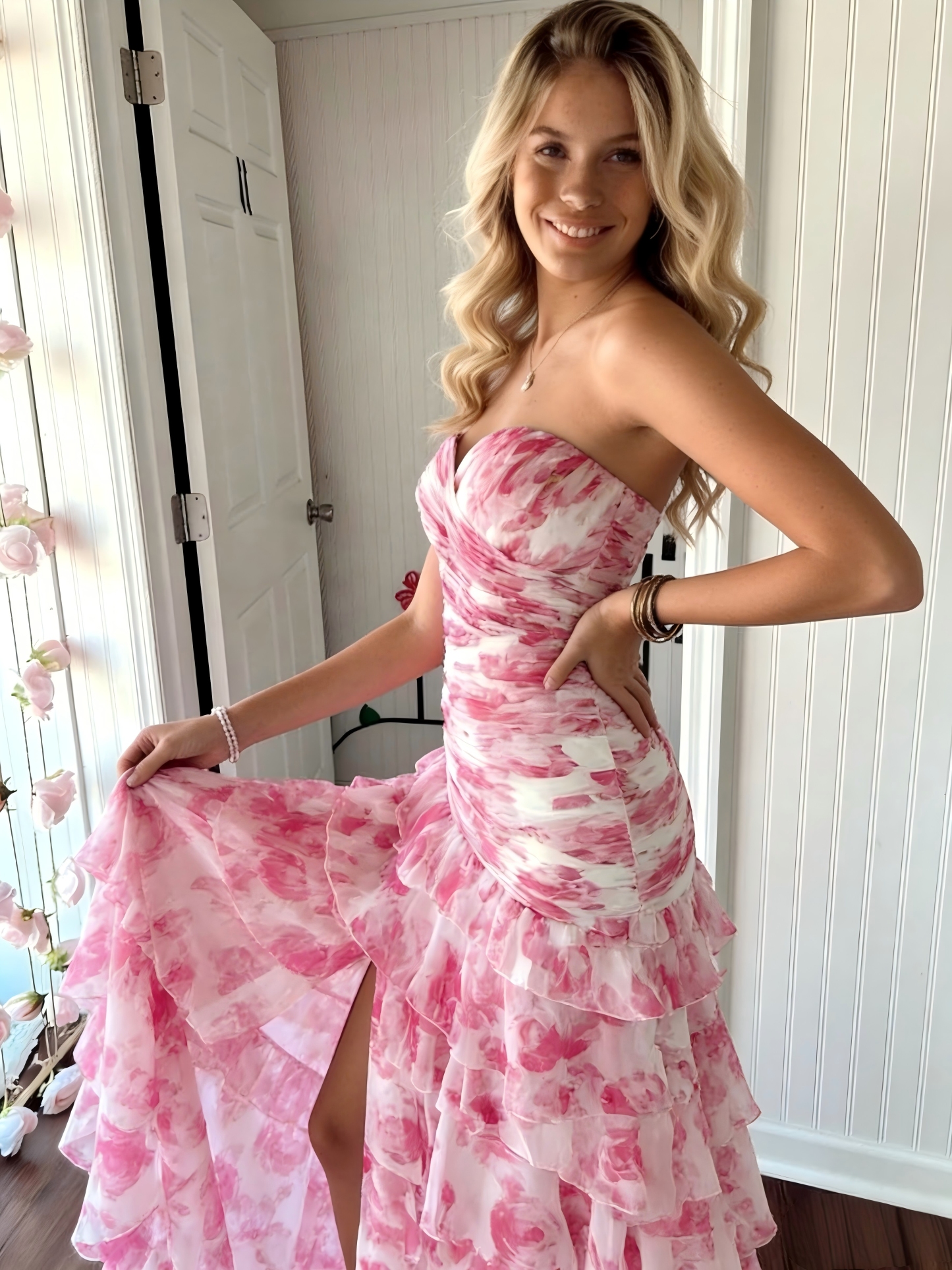 Floral Sweetheart Tiered Pleated Evening Dresses with Slit for Formal Party