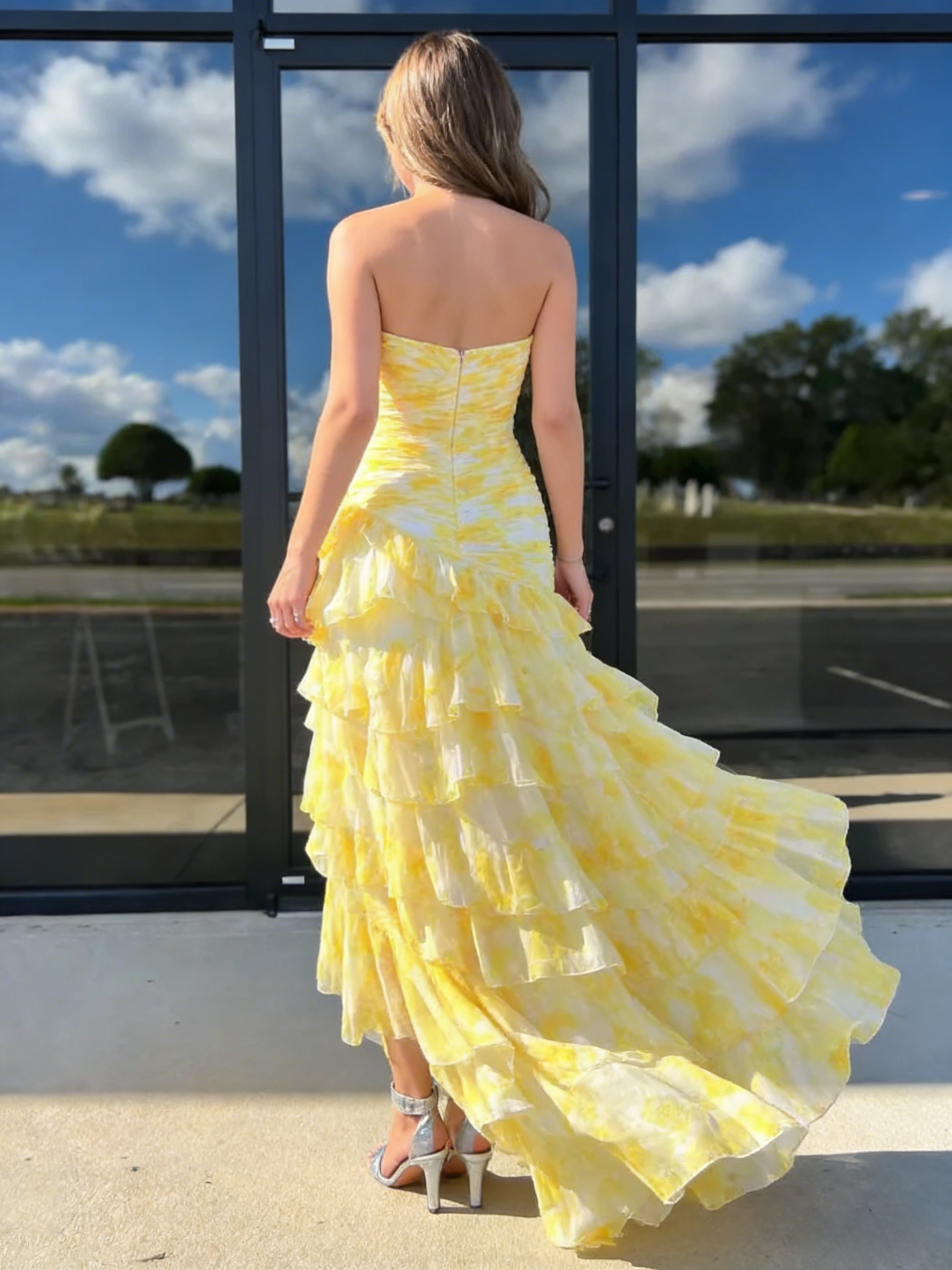 Floral Sweetheart Tiered Pleated Evening Dresses with Slit for Formal Party