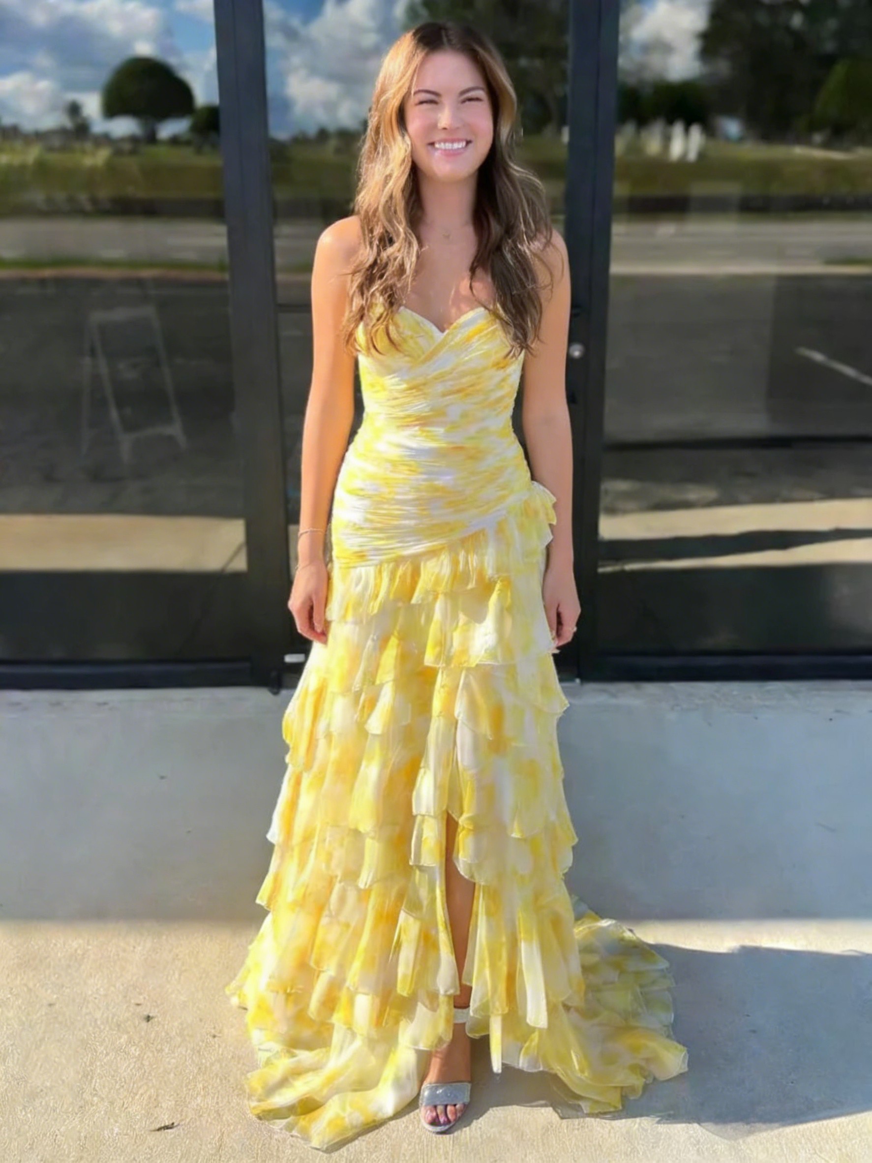 Floral Sweetheart Tiered Pleated Evening Dresses with Slit for Formal Party