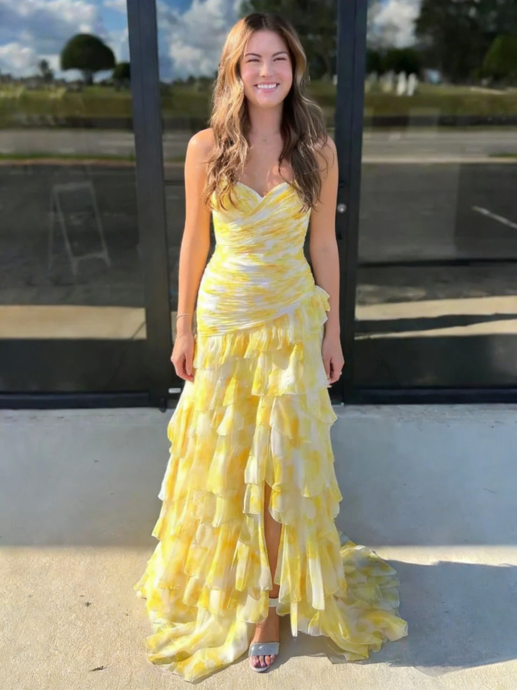 Floral Sweetheart Tiered Pleated Evening Dresses with Slit for Formal Party