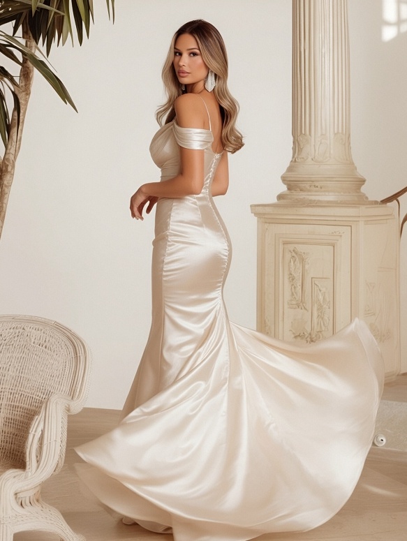 Gliter Satin Cowl Neck Evening Dresses with High Slit