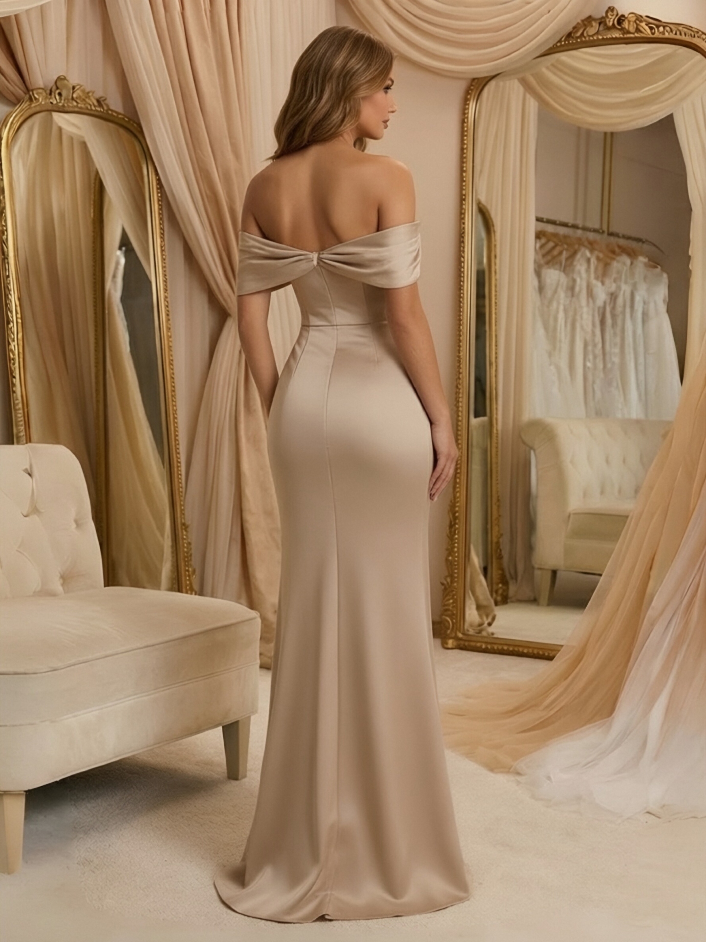 Off Shoulder Mermaid Ruched Satin Maxi Evening Dresses with Slit