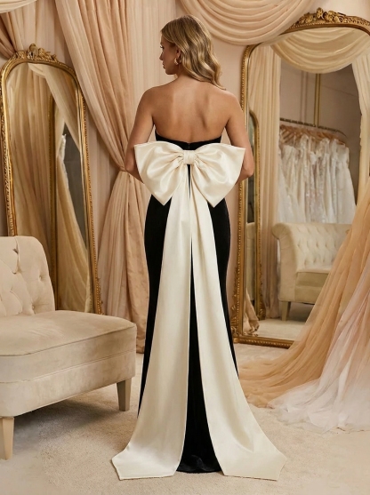 Elegant Satin Strapless Corset High Slit Evening Dresses with Bow