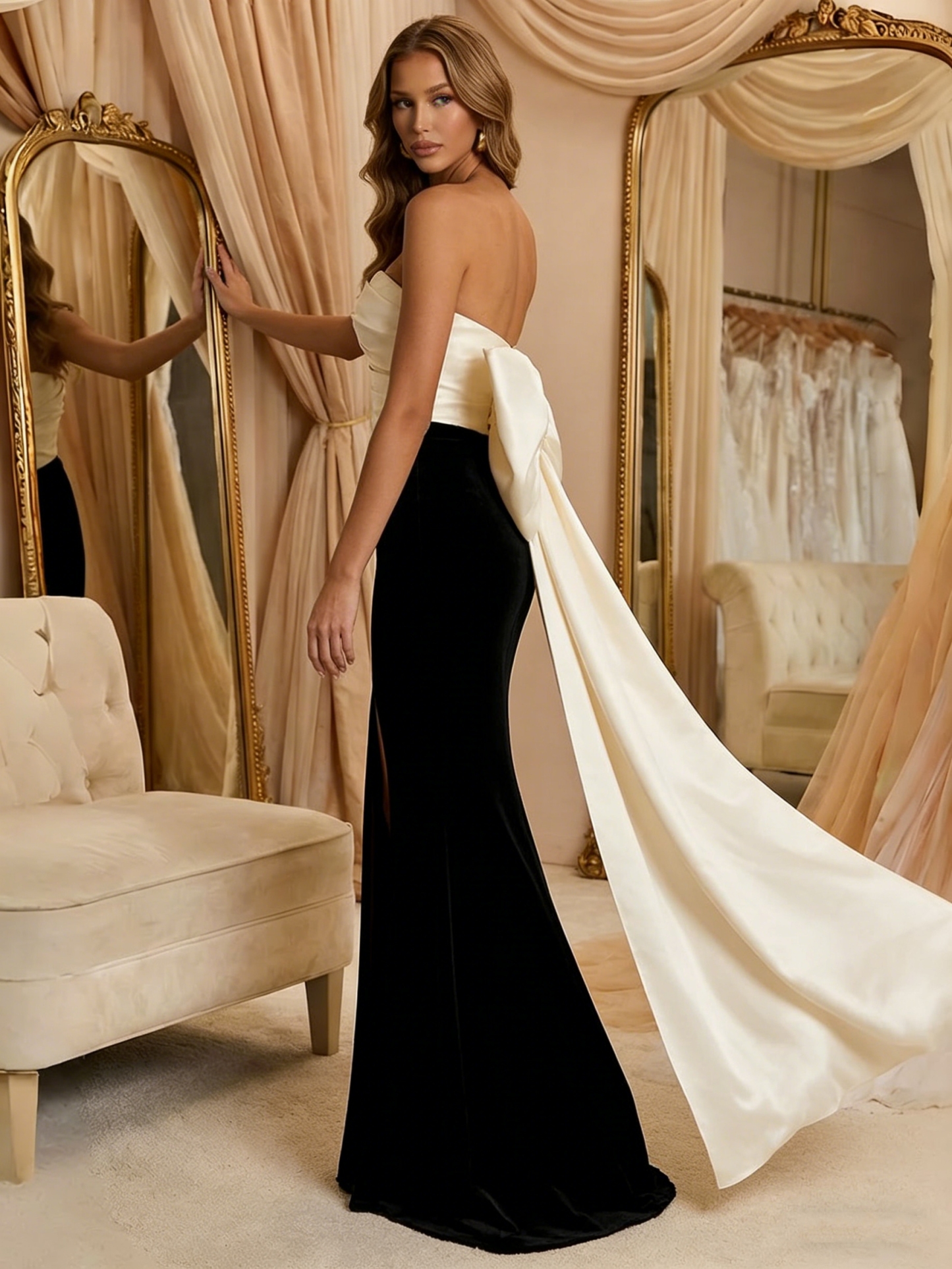 Elegant Satin Strapless Corset High Slit Evening Dresses with Bow