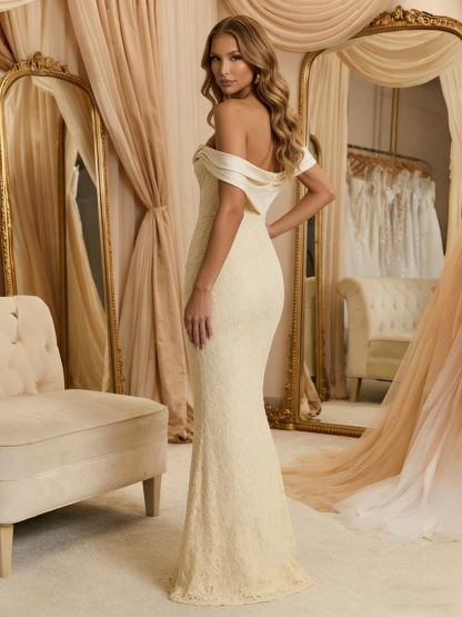 Elastic Lace Jacquard Off Shoulder Evening Dresses 