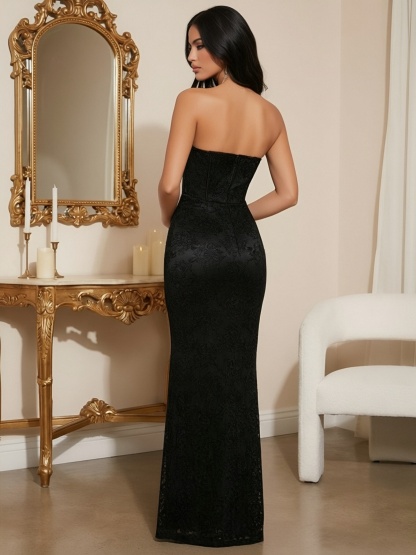 Lace Jacquard Strapless Corset Long Evening Dresses